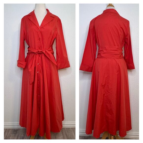 J. Peterman Long Sleeve 1947 Dress Size 12 Coral Red Cotton Flare Fit Retro - Picture 1 of 13